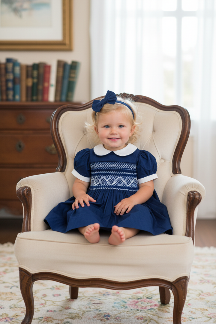Ocean Baby Girls Midnight Navy Sateen Smocked Petticoat Layered Dress (3M-10Yrs)