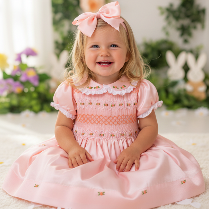 peach smocked satin baby dress handmade smocked dress 
