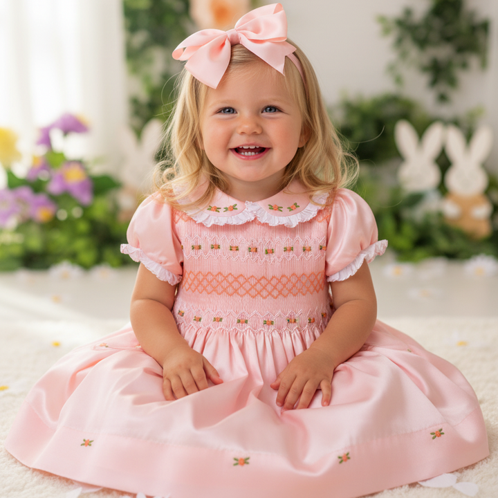 peach smocked satin baby dress handmade smocked dress 