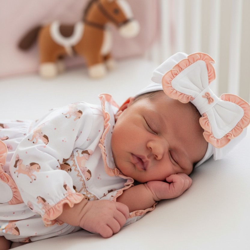 Ocean Baby Girls Peach Carousel Horse Smocked Bubble Suit & Headband Set (NB-3Yrs)