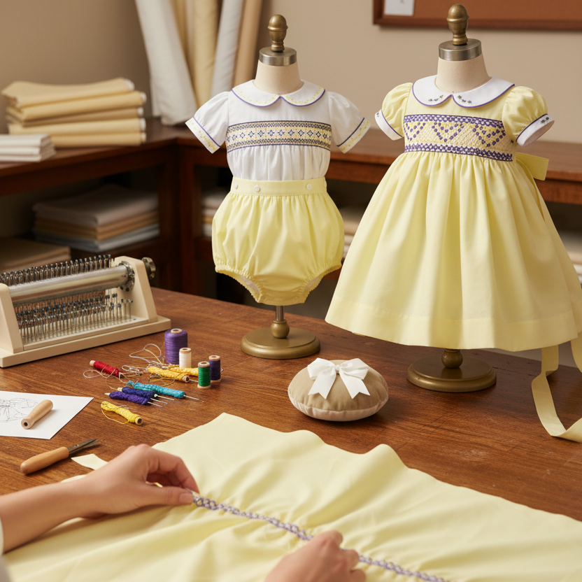 handmade luxury baby and girls smocked dresses. lemon cotton smocked dress.
