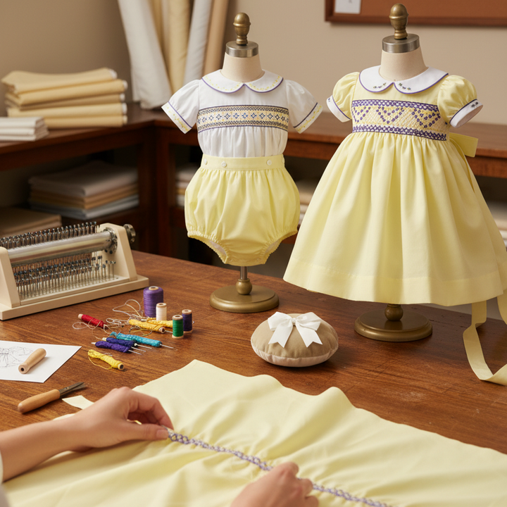 handmade luxury baby and girls smocked dresses. lemon cotton smocked dress.