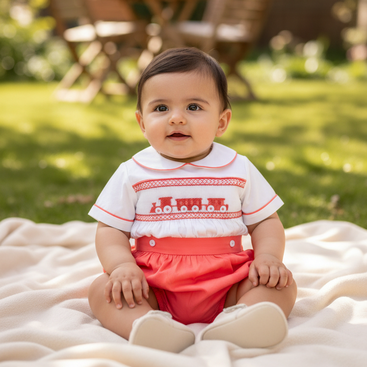 Ocean Baby Terracotta Train Themed Smocked Buster Suit (NB-2YRS)