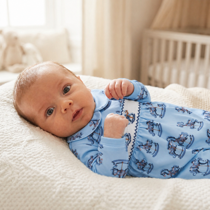 Ocean Baby Boys Arctic Blue Smocked Rocking Horse Sleepsuit Set (NB-12M)