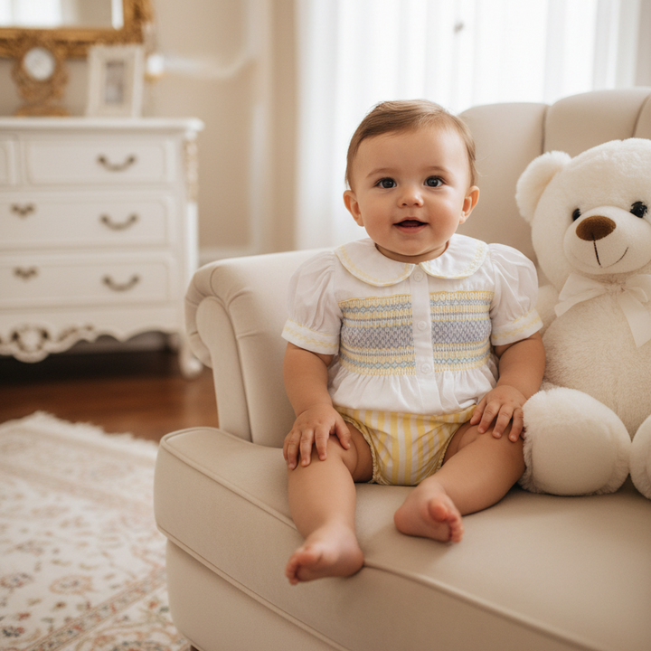 baby boys smocked white cotton summer suit smocked suit
