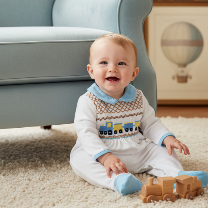 Ocean Baby Boys Smocked Train Themed Sleepsuit & Bib Set (NB-18M)