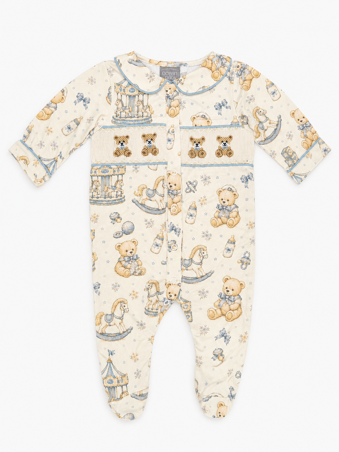 Ocean Baby Boys Cream Little Carousel Hand Smocked & Embroidered Sleepsuit (NB-18M)