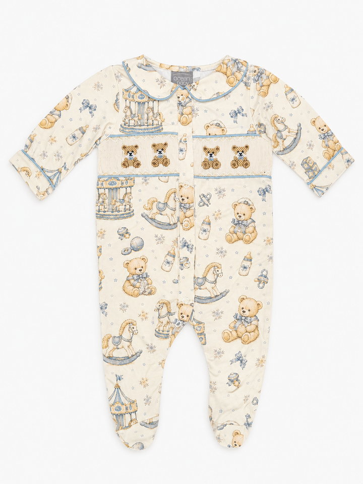 Ocean Baby Boys Cream Little Carousel Hand Smocked & Embroidered Sleepsuit (NB-18M)