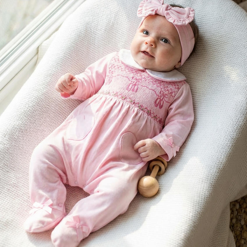 Ocean Baby Girls Pink Ballerina Slippers Smocked Sleepsuit & Headband Set (NB-18M)