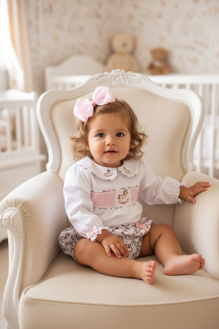 Ocean Baby Girls Pastel Rocking Horse Smocked Buster Suit (NB-3Yrs)