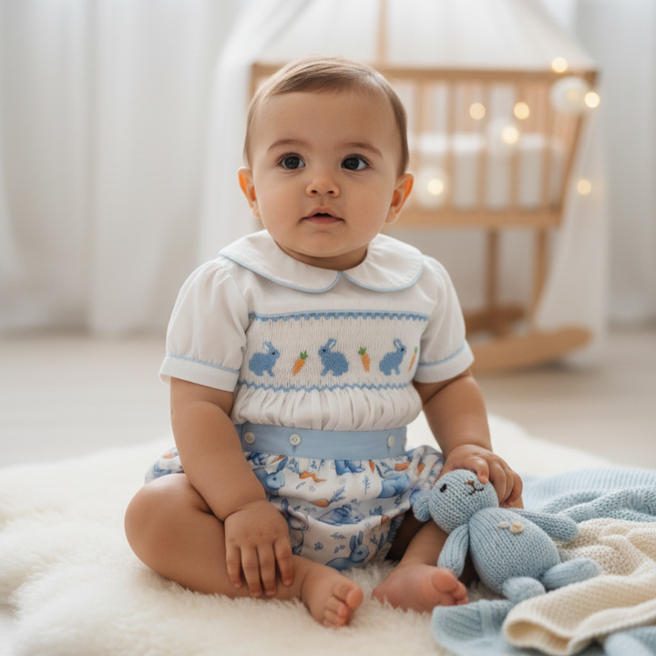 Ocean Baby Boys Blue And Cream Cotton Smocked Bunny Outfit (NB-2Yrs)