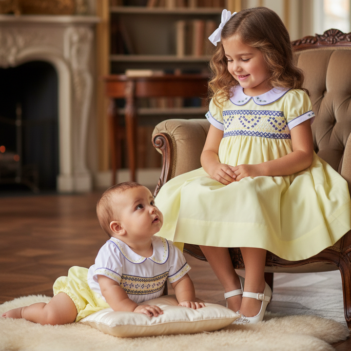handmade baby boys smocked outfit in lemon cotton newborn to 2 years
