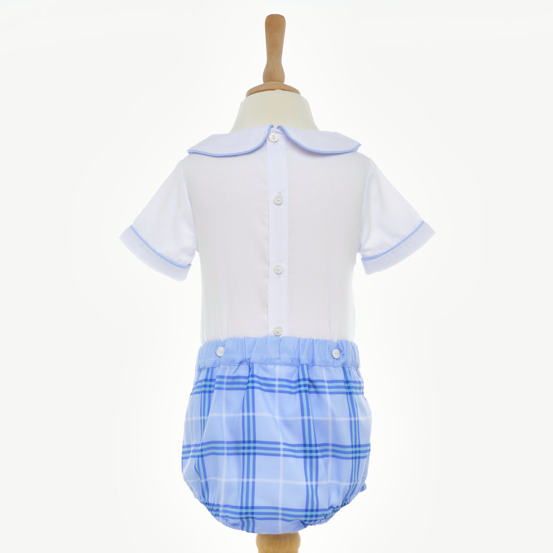 Ocean Baby Blue Plaid Train Themed Smocked Buster Suit (NB-2YRS)