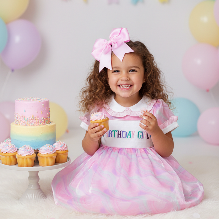 Young girl in a pink dress with 'Birthday Girl' on it, holding a cupcake, surrounded by balloons and a small cake.