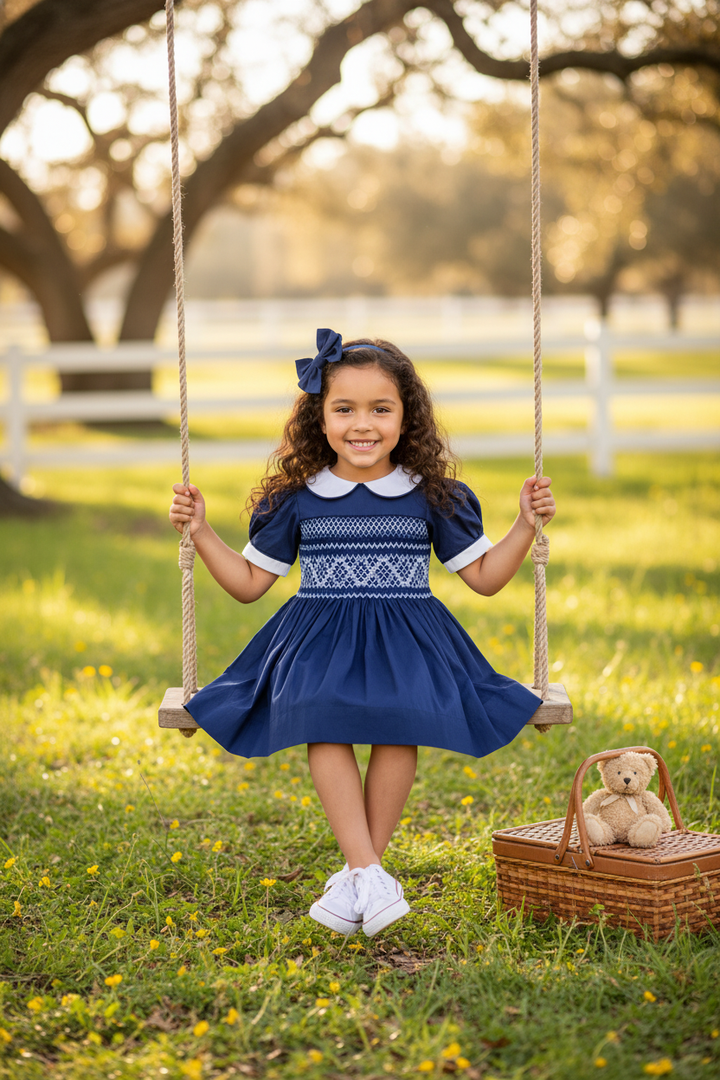 Ocean Baby Girls Midnight Navy Sateen Smocked Petticoat Layered Dress (3M-10Yrs)