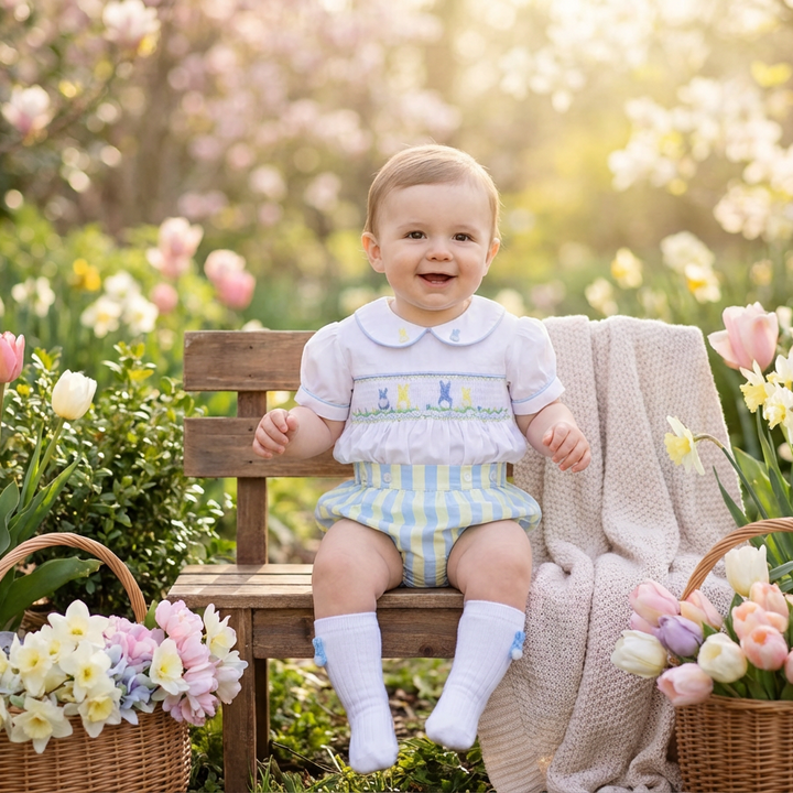 white baby boys smocked hand made outfit bunnies blue white cotton