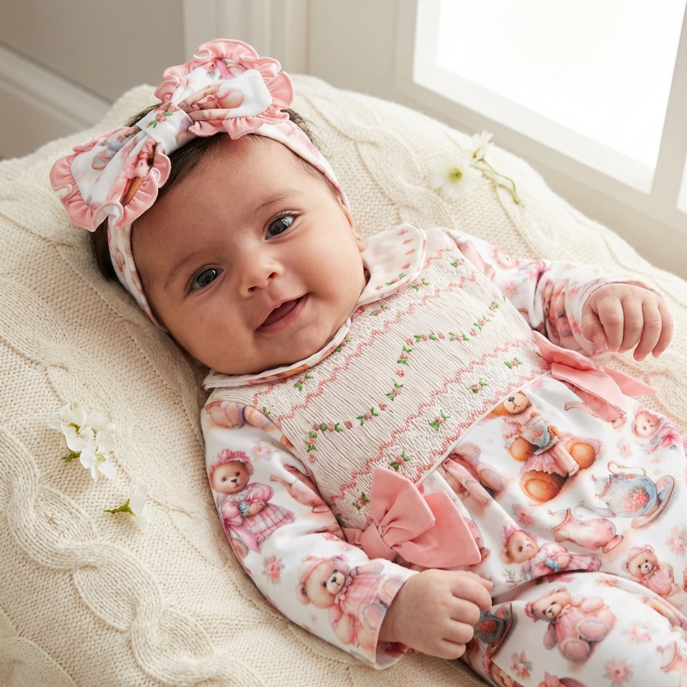 Ocean Baby Girls Teddy Tea Party Smocked Sleepsuit & Headband Set (NB-18M)