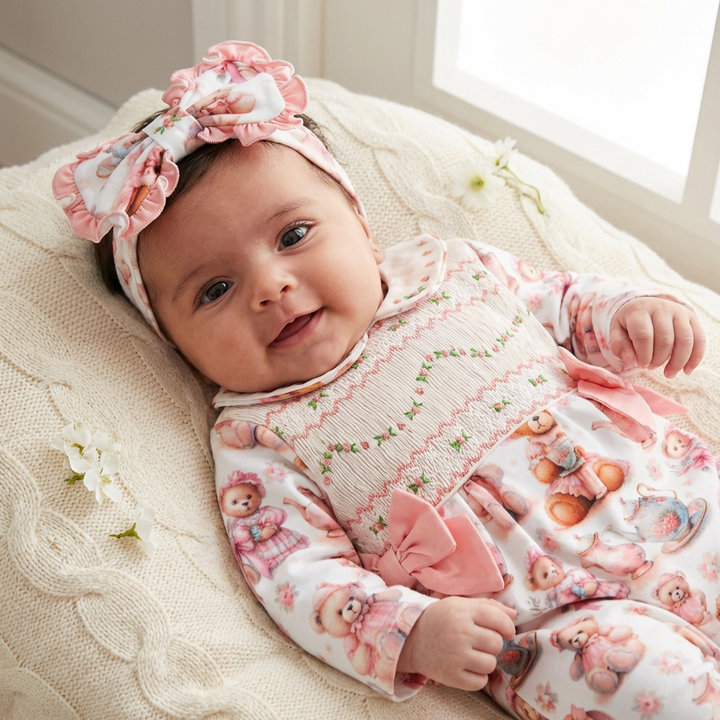 Ocean Baby Girls Teddy Tea Party Smocked Sleepsuit & Headband Set (NB-18M)