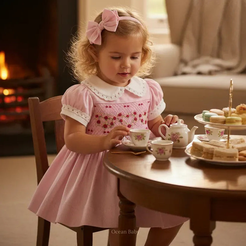 Girls’ pink smocked dress with white Peter Pan collar and floral embroidery, modelled outdoors