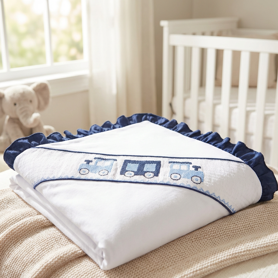 Ocean Baby Boys Train Smocked Ruffle Edged Blanket