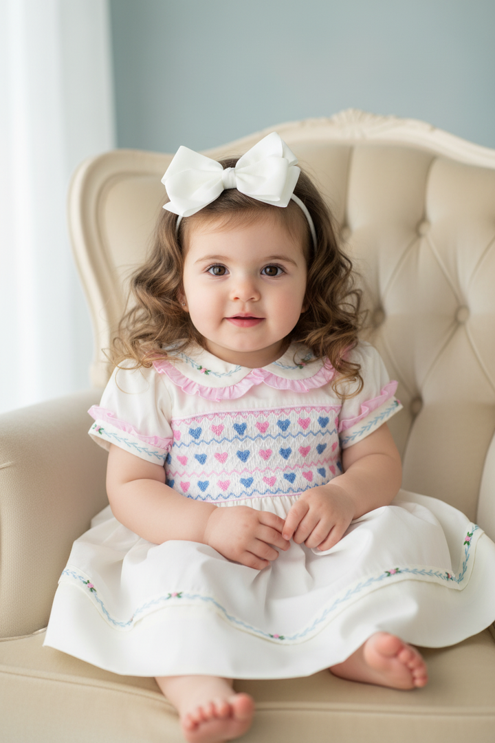 Ocean Baby Girls Cream Classic Heart Smocked Front & Back Petticoat Layered Dress - (3M-8Yrs)