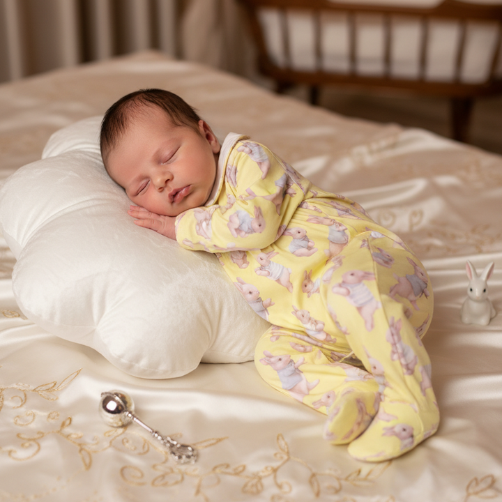 handmade lemon cotton baby boys sleepsuit with smocked bodice and hand embroidery, newborn to 18 months