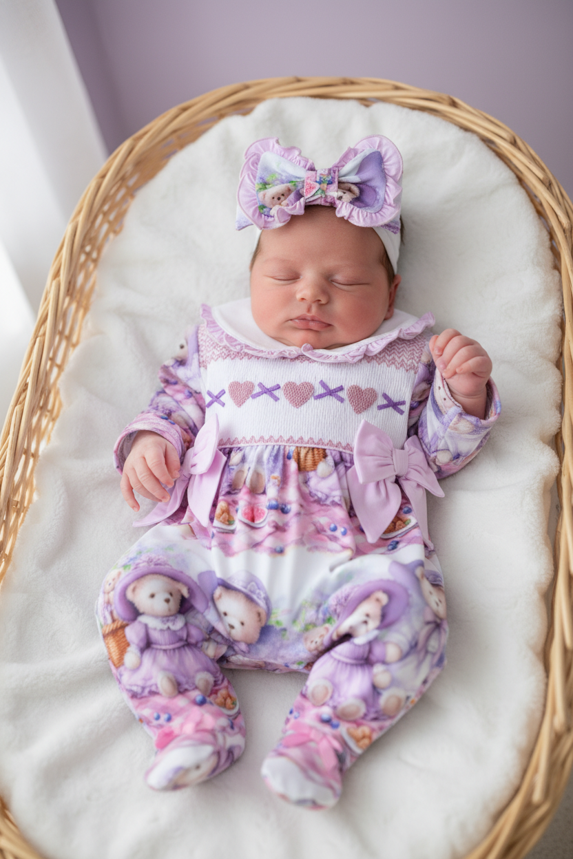 lilac baby grow smocked baby girls sleepsuit outfit set