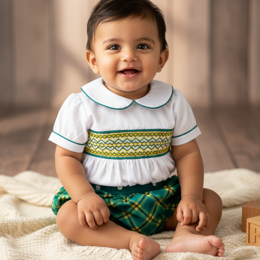 Ocean Baby Boys Green & Lemon Plaid Smocked Buster Suit (NB-2Yrs)