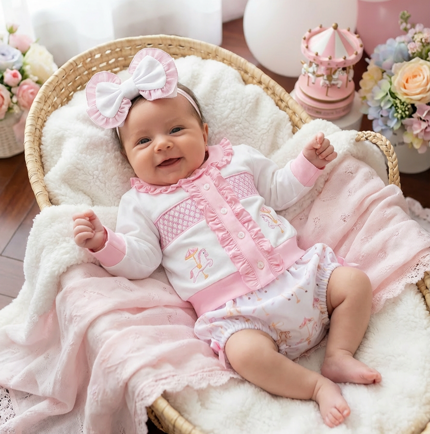 Ocean Baby Girls Carousel Smocked Cardigan & Pants Outfit (NB-4Yrs)