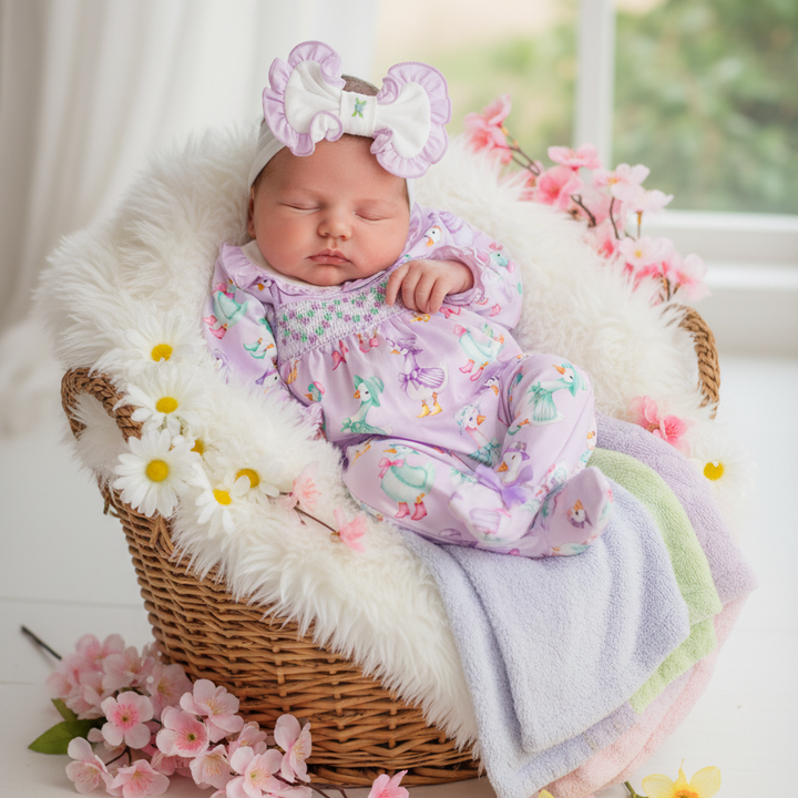 lilac cotton baby girls sleepsuit with smocked bodice, hand embroidered details and button up back, newborn to 18 months