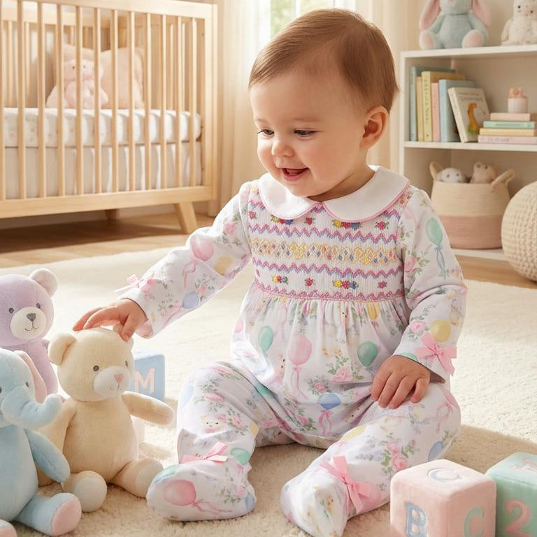 Ocean Baby Girls Smocked Pastel Teddy Bear Sleepsuit & Headband Set (NB-18M)