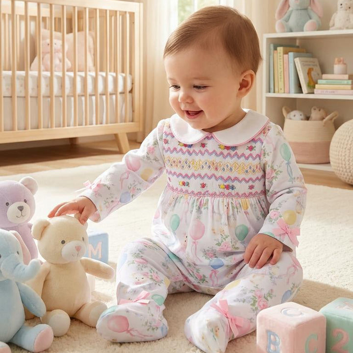 Ocean Baby Girls Smocked Pastel Teddy Bear Sleepsuit & Headband Set (NB-18M)