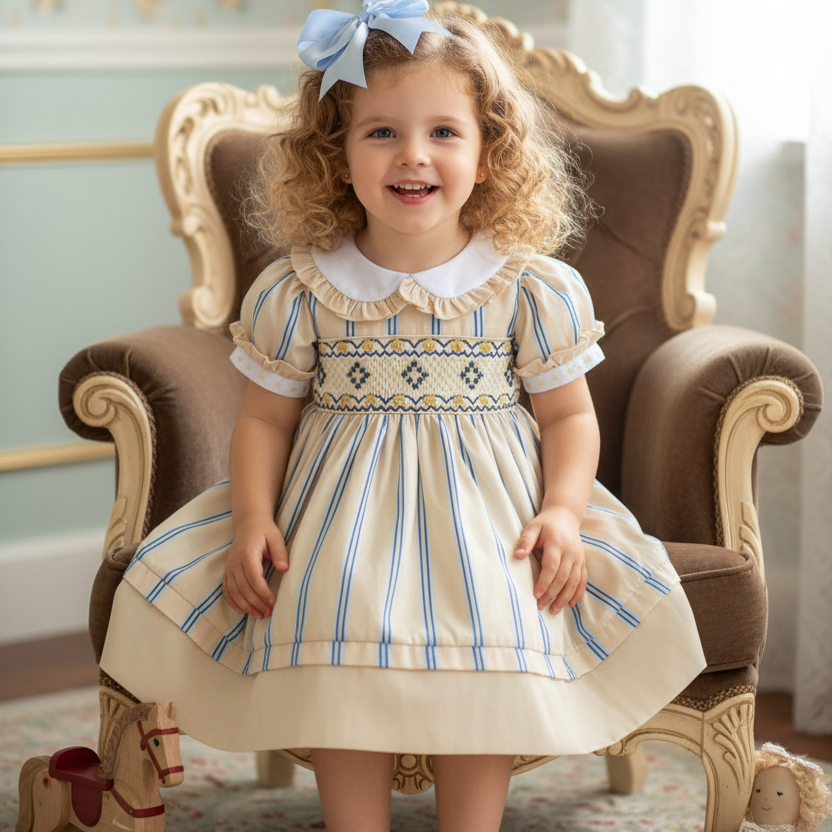 Ocean Baby Girls Smocked Lemon & Blue Stripe Cotton Petticoat Layered Dress (NB-8YR)
