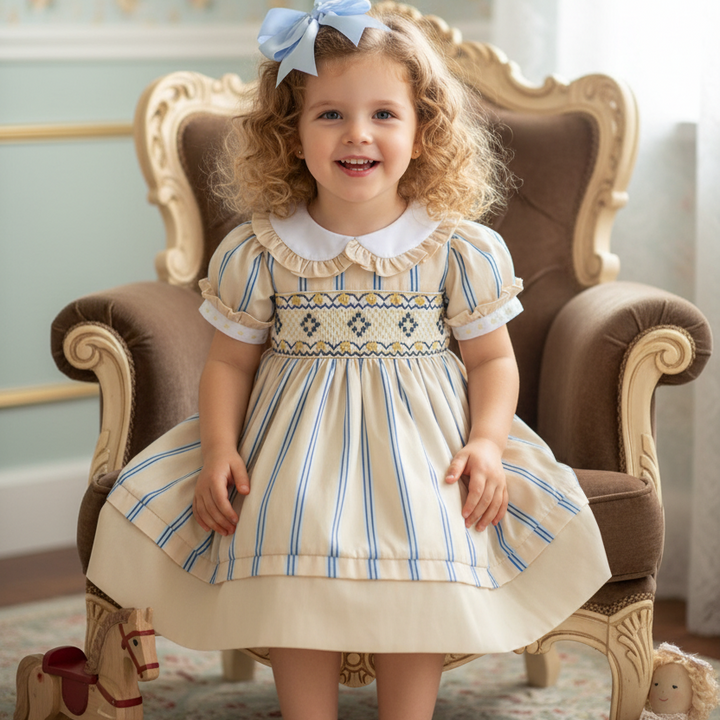 Ocean Baby Girls Smocked Lemon & Blue Stripe Cotton Petticoat Layered Dress (NB-8YR)