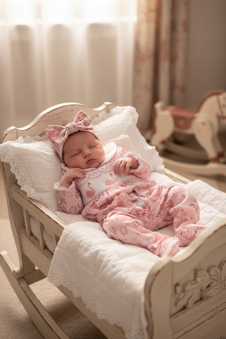 Ocean Baby Girls Smocked Princess Swan Sleepsuit & Headband Set (NB-18M)