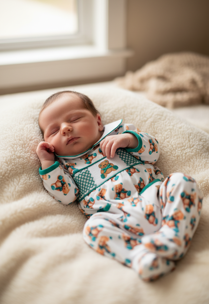 Ocean Baby Boys Smocked Emerald Teddy Sleepsuit & Bib Set (NB-12M)