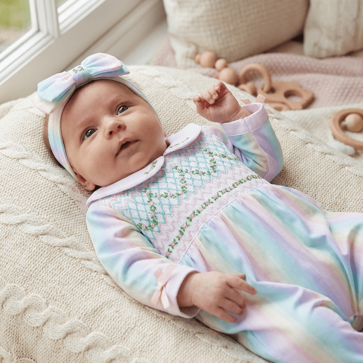 Ocean Baby Girls Multicoloured Smocked Sleepsuit & Headband Set (NB-18M)