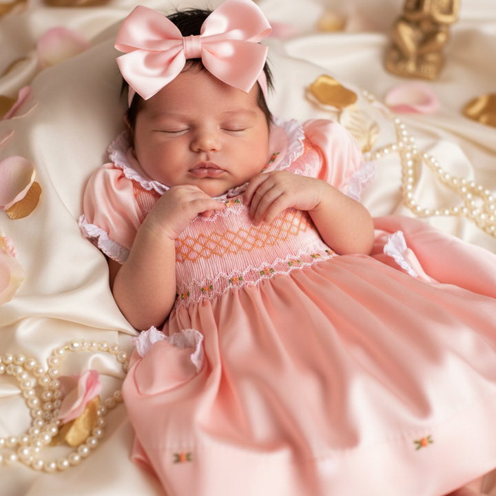 peach luxury baby dress in satin handmade luxury baby dresses