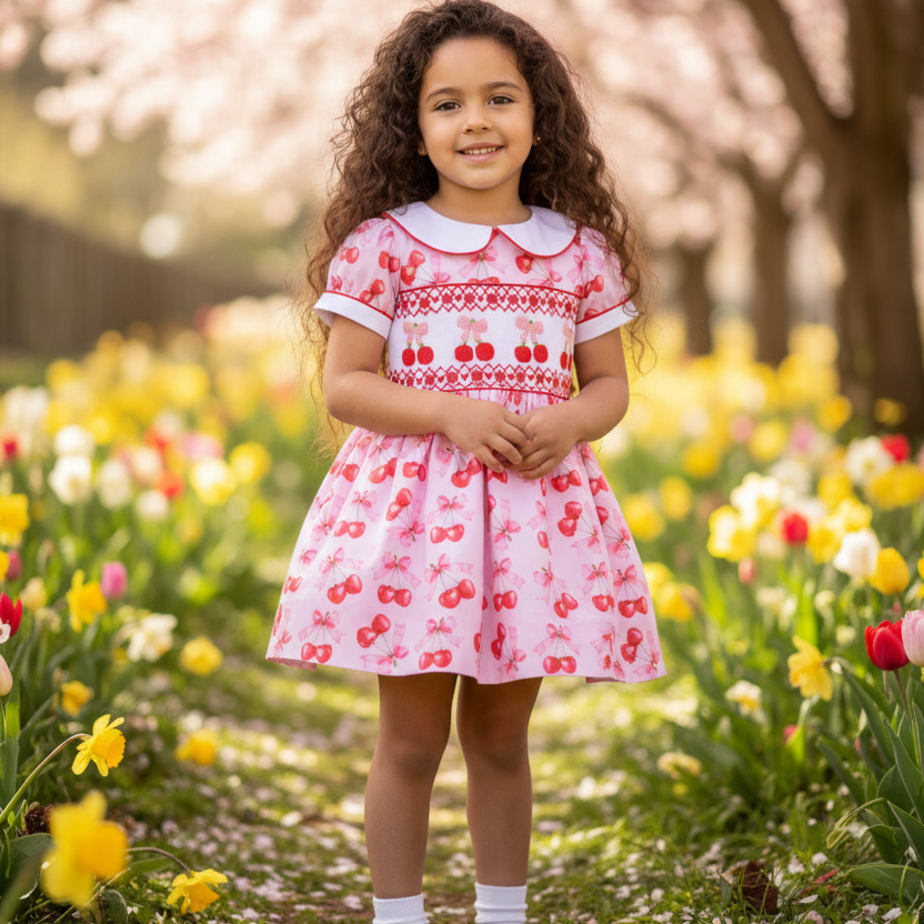little girls cherry dress smocked handmade girls dresses summer baby dress