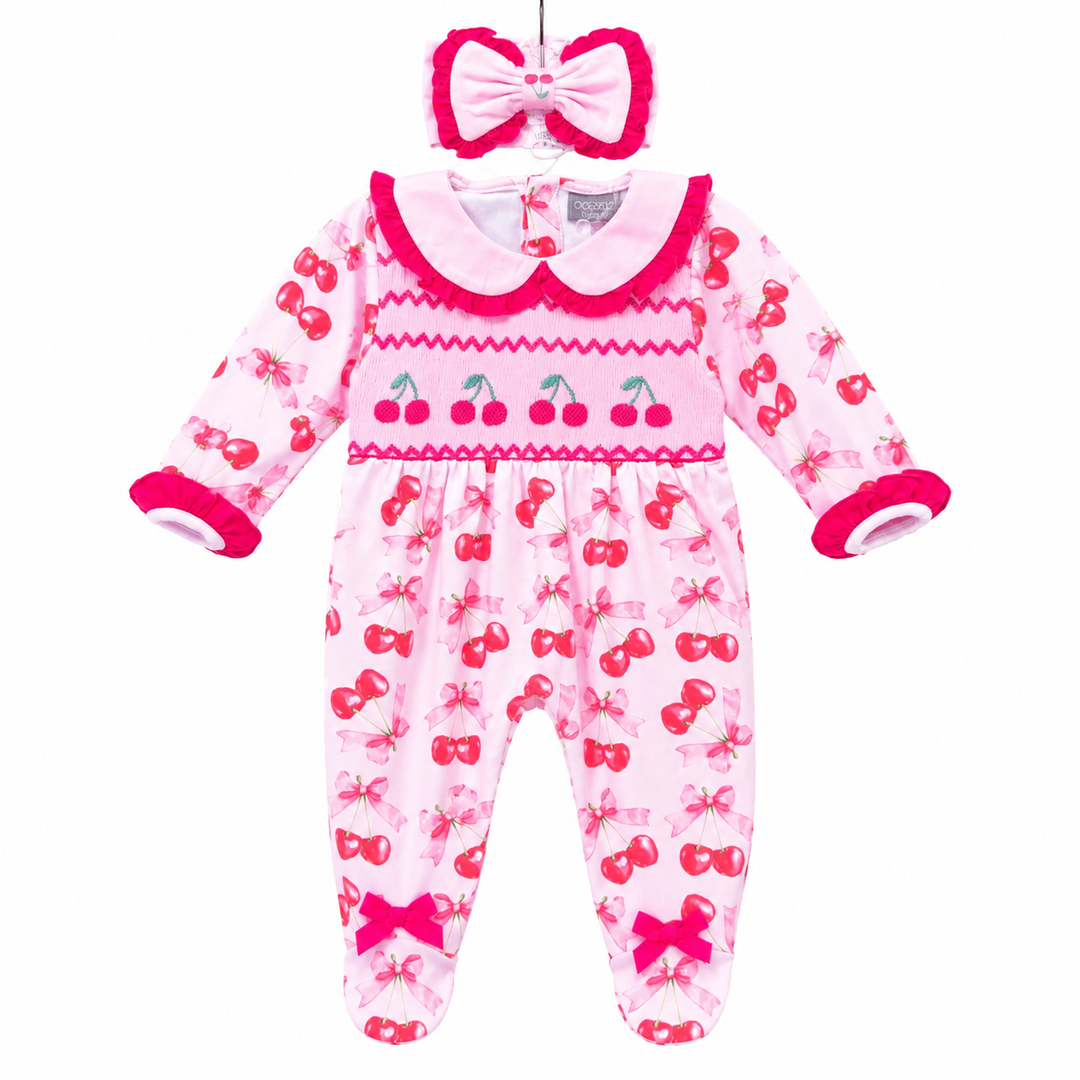 baby girls smocked cherry sleepsuit sets
