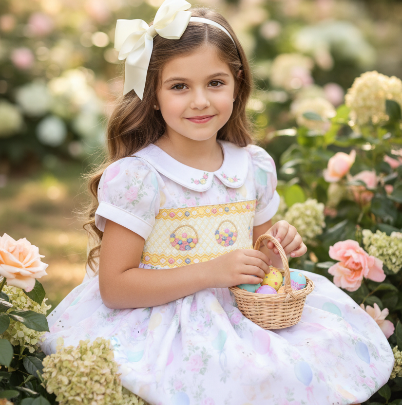Ocean Baby Girls Smocked Pastel Teddy Bear Themed Dress (NB-6Y)