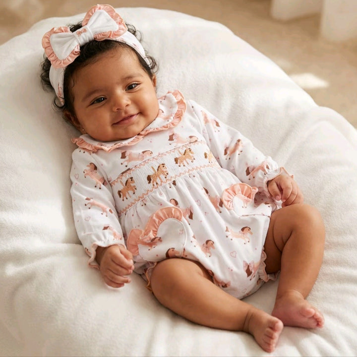 Ocean Baby Girls Peach Carousel Horse Smocked Bubble Suit & Headband Set (NB-3Yrs)