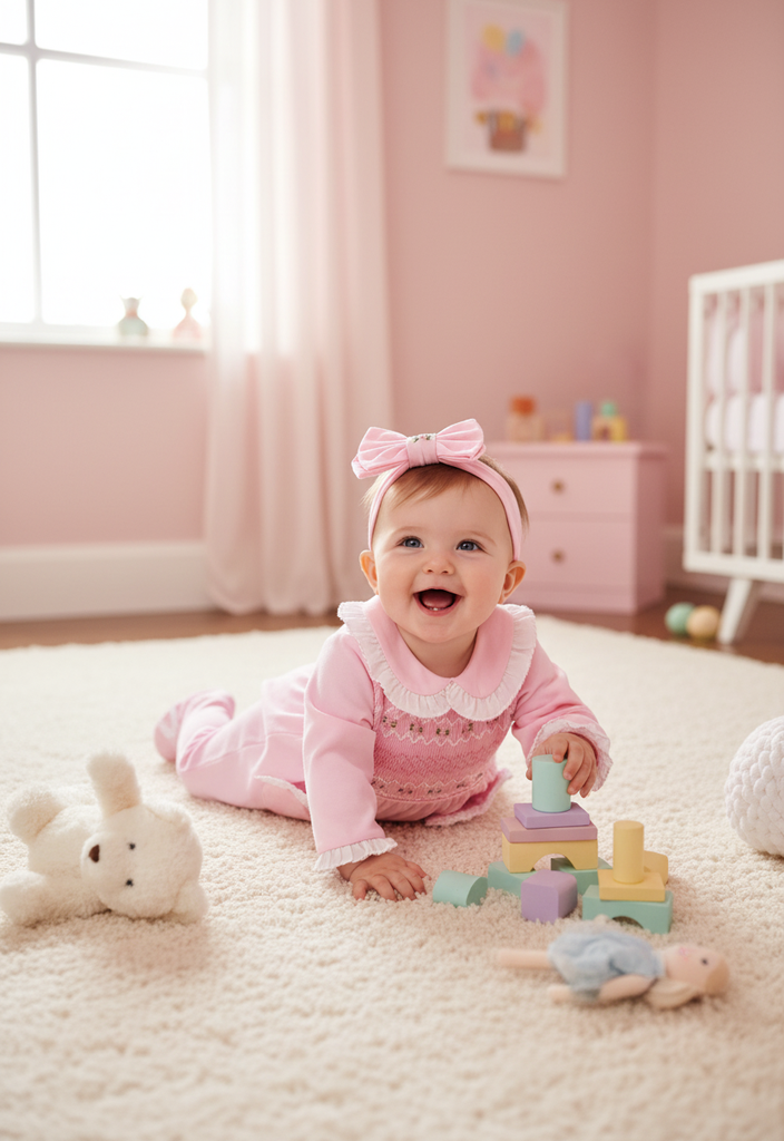 Ocean Baby Girls Pink Smocked Sleepsuit & Headband Set (NB-18M)