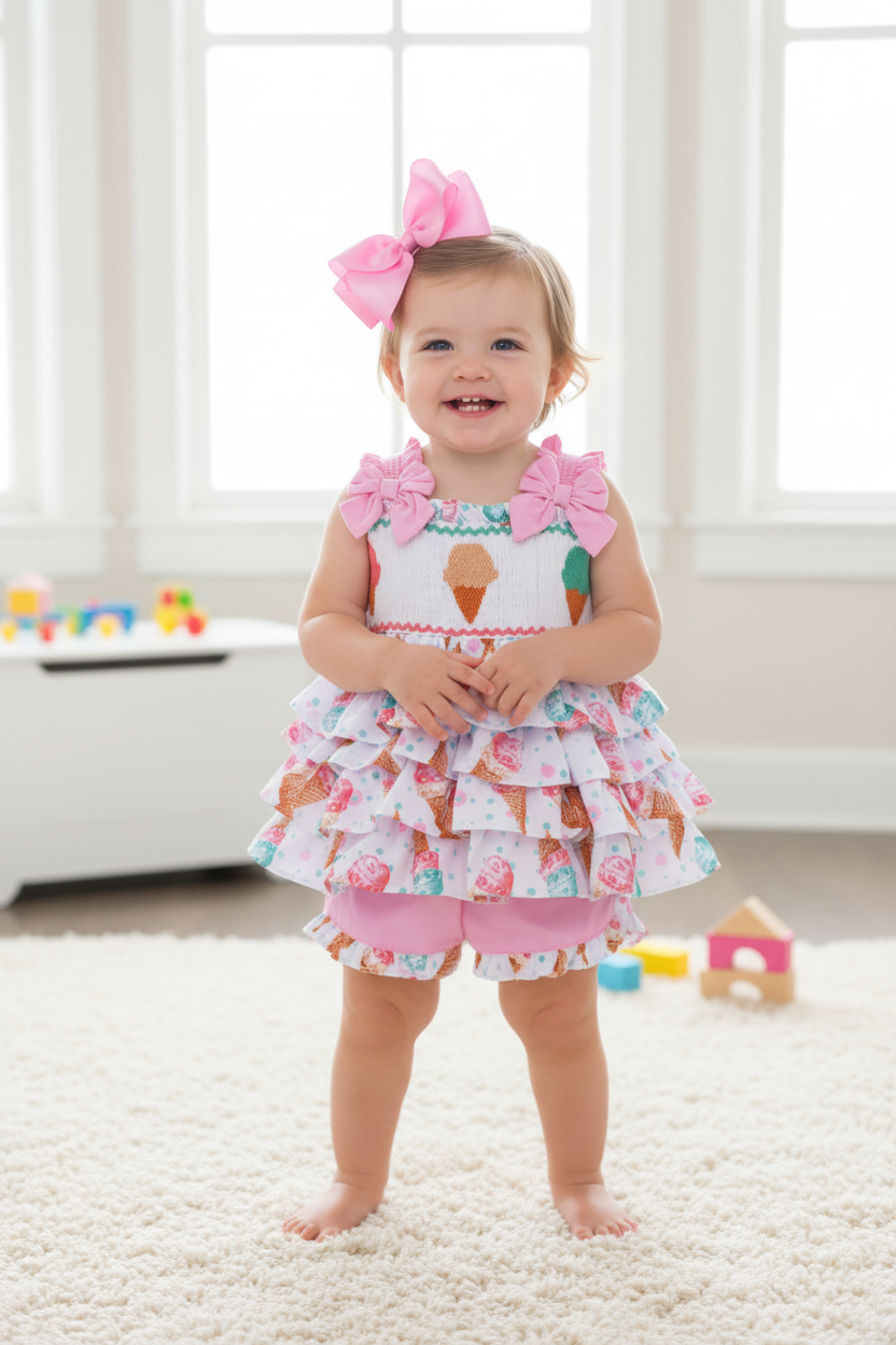 Ocean Baby Girls Icecream Ruffle Smocked Shorts Set (12M-8Y)