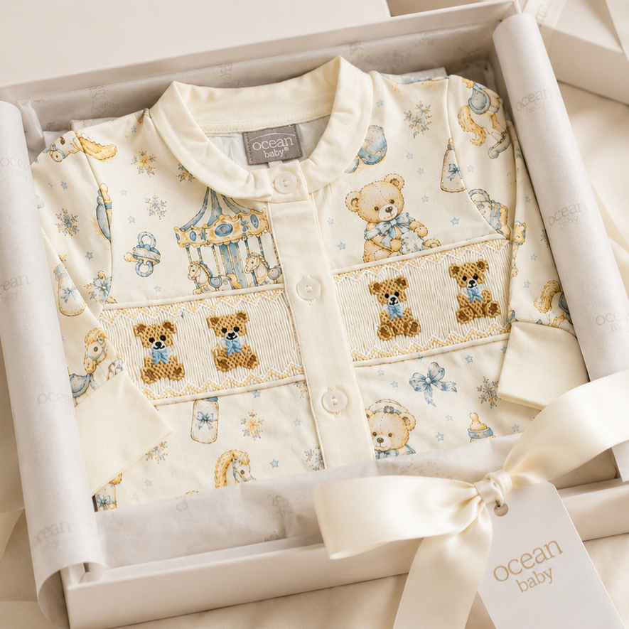 Ocean Baby Boys Cream Carousel Teddy Hand Smocked & Embroidered Cardigan & Jam Pants Set (NB-3Yrs)