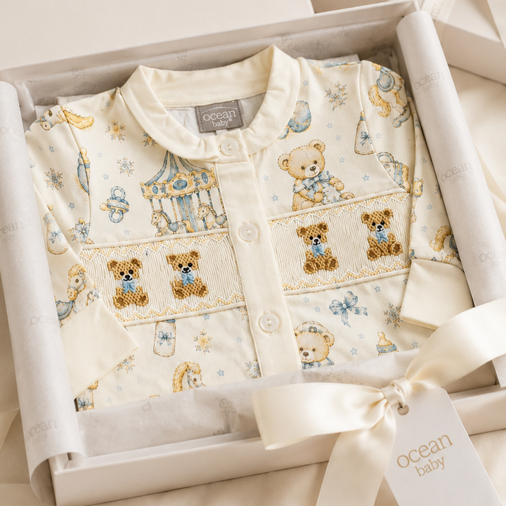 Ocean Baby Boys Cream Carousel Teddy Hand Smocked & Embroidered Cardigan & Jam Pants Set (NB-3Yrs)