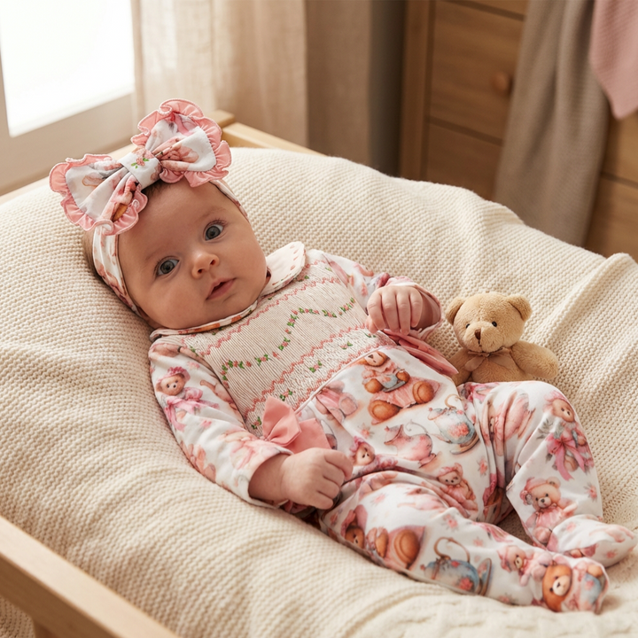 Ocean Baby Girls Teddy Tea Party Smocked Sleepsuit & Headband Set (NB-18M)