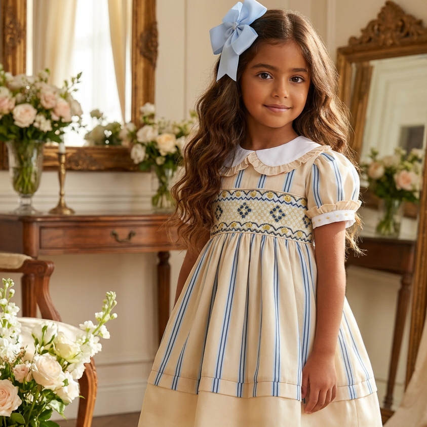Ocean Baby Girls Smocked Lemon & Blue Stripe Cotton Petticoat Layered Dress (NB-8YR)