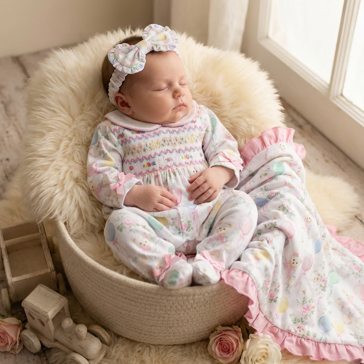 Ocean Baby Girls Smocked Pastel Teddy Bear Sleepsuit & Headband Set (NB-18M)
