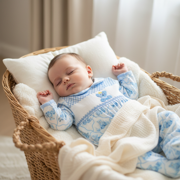 Baby sleeping in a wicker crib with white bedding and blue pajamas.